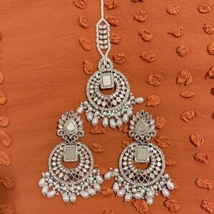 Indian White Pearl Silver Mirrored Earrings and Tikka Set